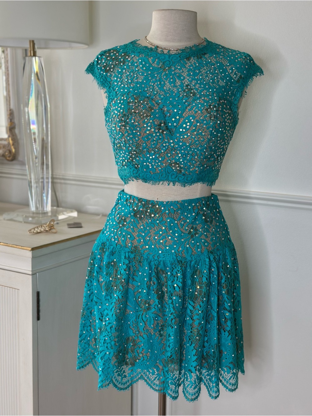 Jovani Teal Lace Two-Piece Dress with Crystal Embellishments